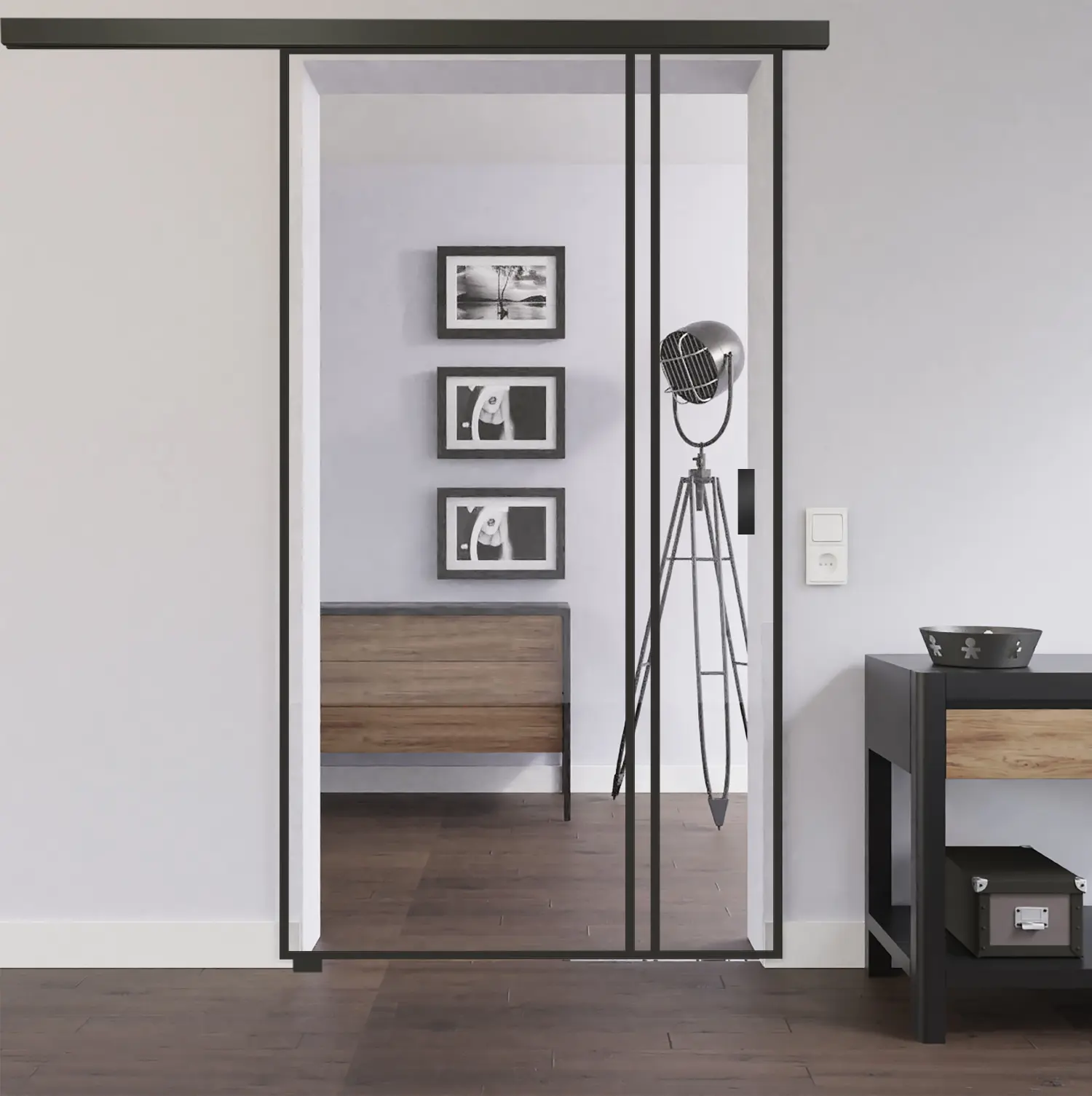 LIENBACHER GLAS Zestaw drzwi przesuwnych z całkowicie przeszklonym panelem Black Signature ST 623 z paskami szkła przezroczystego, wraz z systemem drzwi przesuwnych