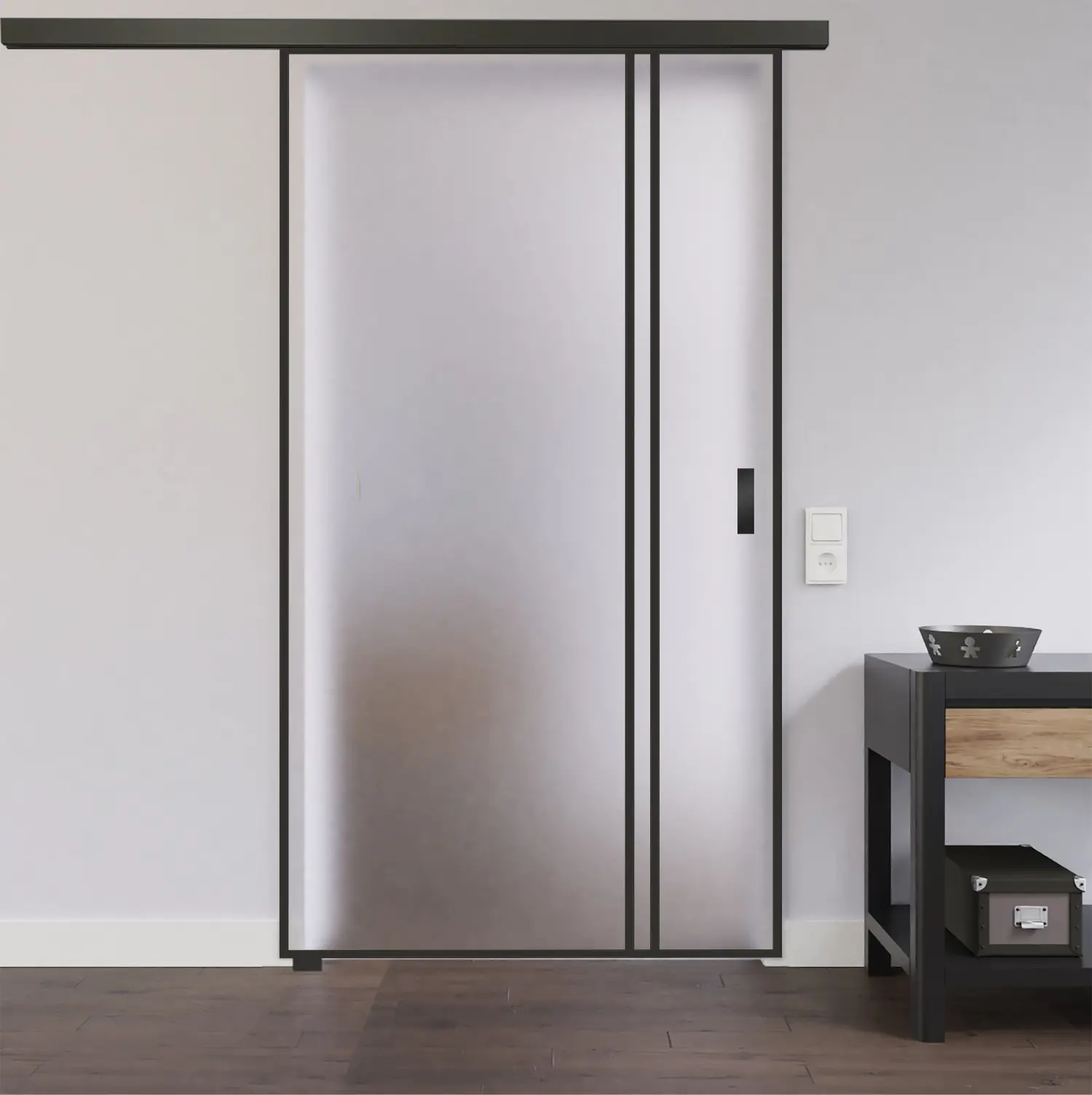Widok zestawu szklanych drzwi przesuwnych Black Signature z paskami ST 623 satynowane wraz z systemem drzwi przesuwnych - Lienbacher szkło