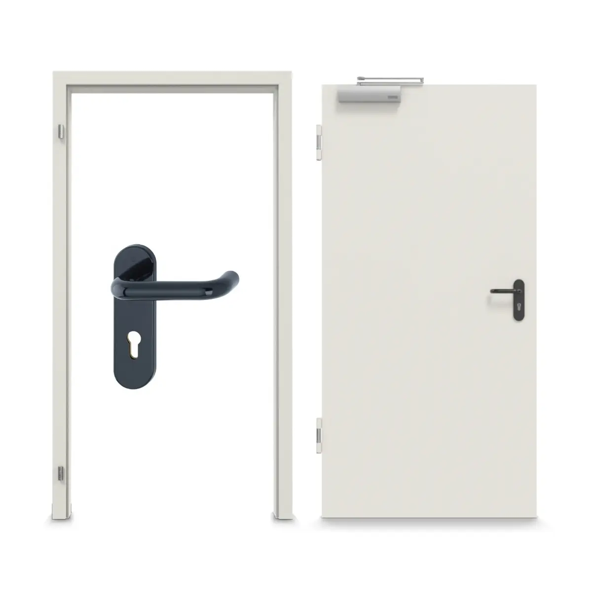 Widok frontowy zestawu drzwi zewnętrznych stal z funkcją ochrony przeciwpożarowej H16-1 OD w tym ościeżnica narożna i uzupełniająca Vario B53 - Hörmann