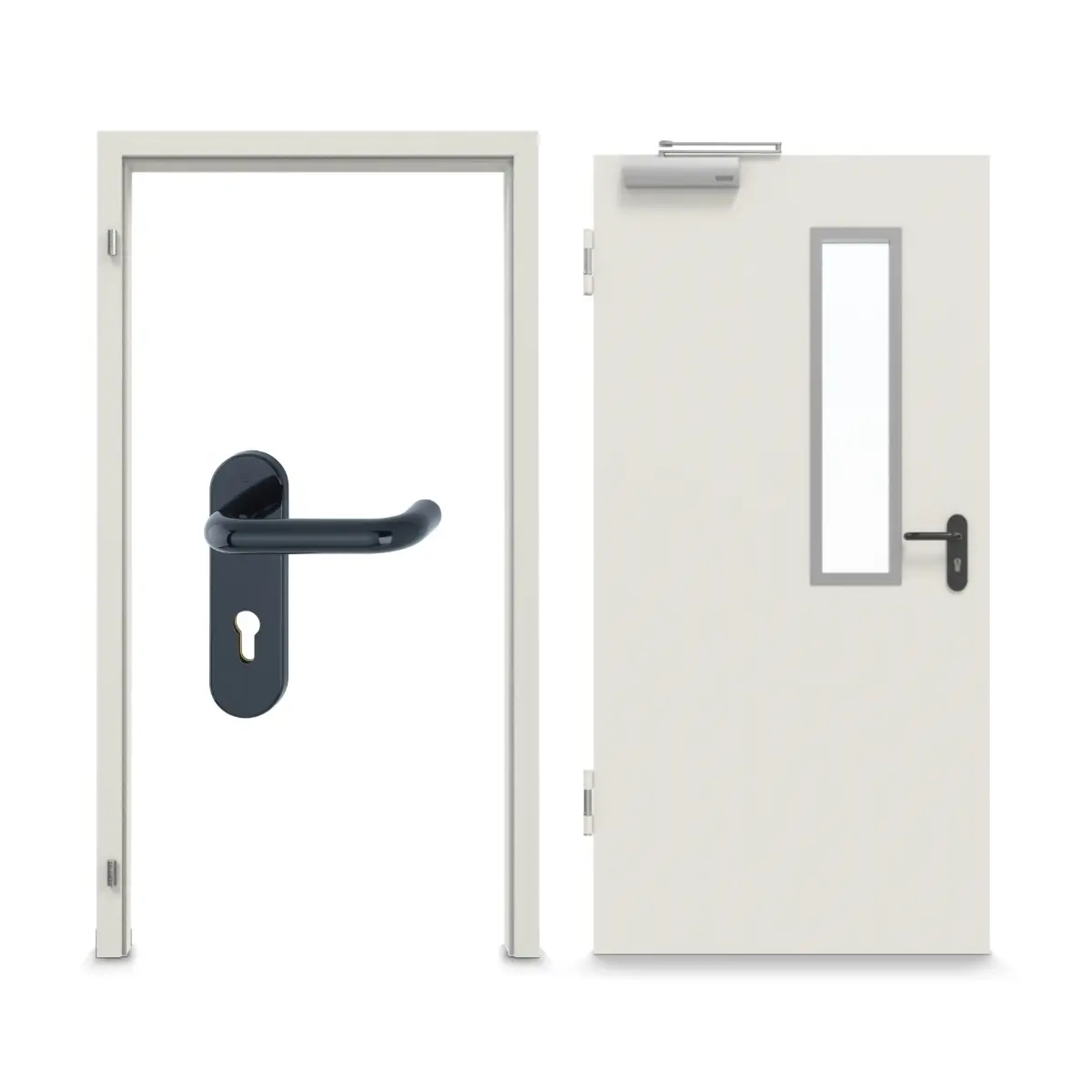 Widok frontowy zestawu stalowych drzwi wewnętrznych z funkcją ochrony przeciwpożarowej H16-1 OD z prostokątnym przeszkleniem (wycięcie 1) wraz z ościeżnicą narożną i uzupełniającą Vario B53 - Hörmann