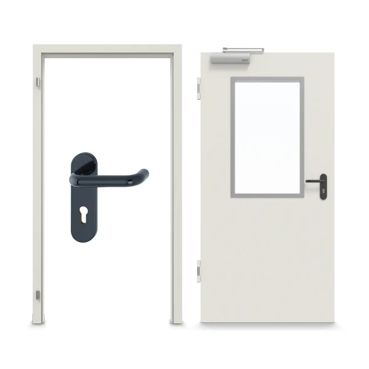 Widok frontowy zestawu stalowych drzwi wewnętrznych z funkcją ochrony przeciwpożarowej H16-1 OD z prostokątnym oszkleniem wycięcie 2 wraz z ościeżnicą narożną i uzupełniającą Vario B53 - Hörmann