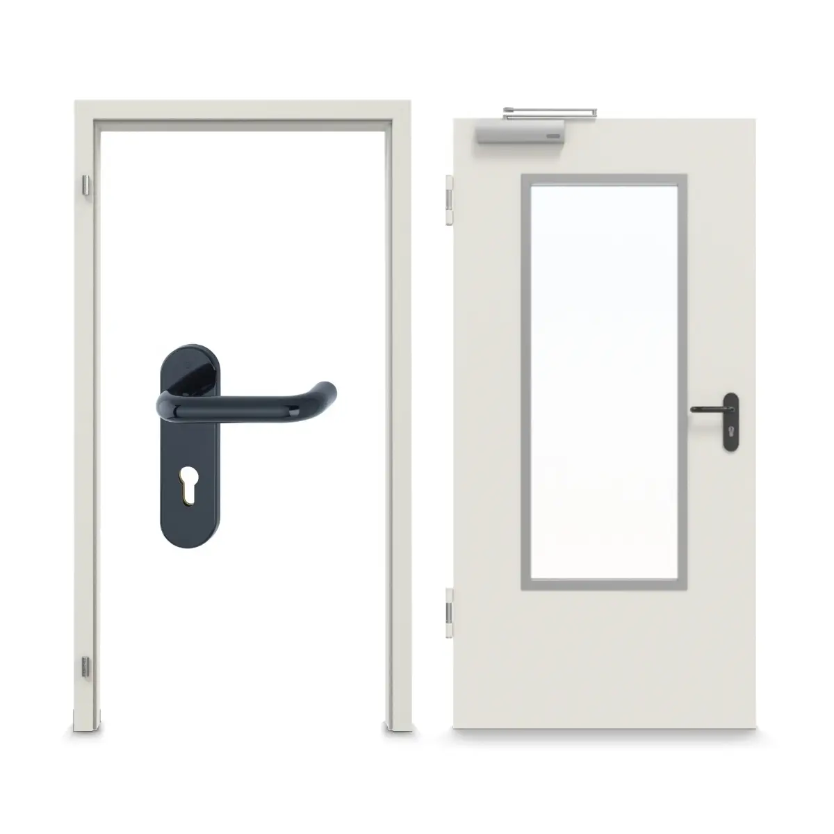 Widok frontowy zestawu stalowych drzwi wewnętrznych z funkcją ochrony przeciwpożarowej H16-1 OD z prostokątnym przeszkleniem wycięcie 3 z ościeżnicą narożną i uzupełniającą Vario B53 - Hörmann