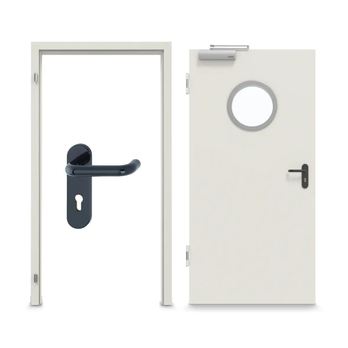 Widok frontowy stalowego zestawu drzwi wewnętrznych z funkcją ochrony przeciwpożarowej H16-1 OD z okrągłym szkleniem, wraz z ościeżnicą narożną i uzupełniającą Vario B53 - Hörmann.