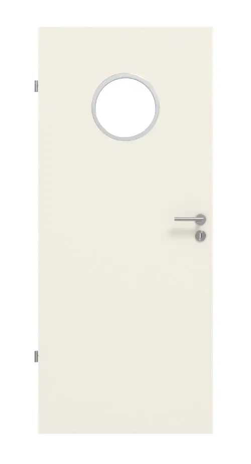 Zdjęcie od przodu białych drzwi wewnętrznych lakierowanych Basic z przeszkleniem bulaj, biały podobny do RAL 9010 - Huga