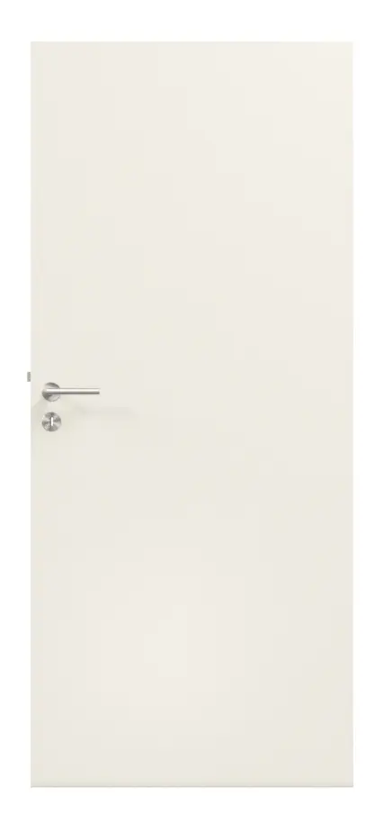 Widok frontowy na zestaw drzwi wewnętrzne klasyczna biel RAL 9010 WestaLack bezprzylgowe z ościeżnicą i klamką