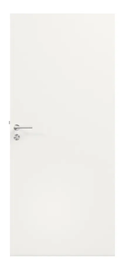 Widok frontowy zestaw drzwi wewnętrzne arctic biały RAL 9016 WestaLack bezprzylgowe z ościeżnica i klamka