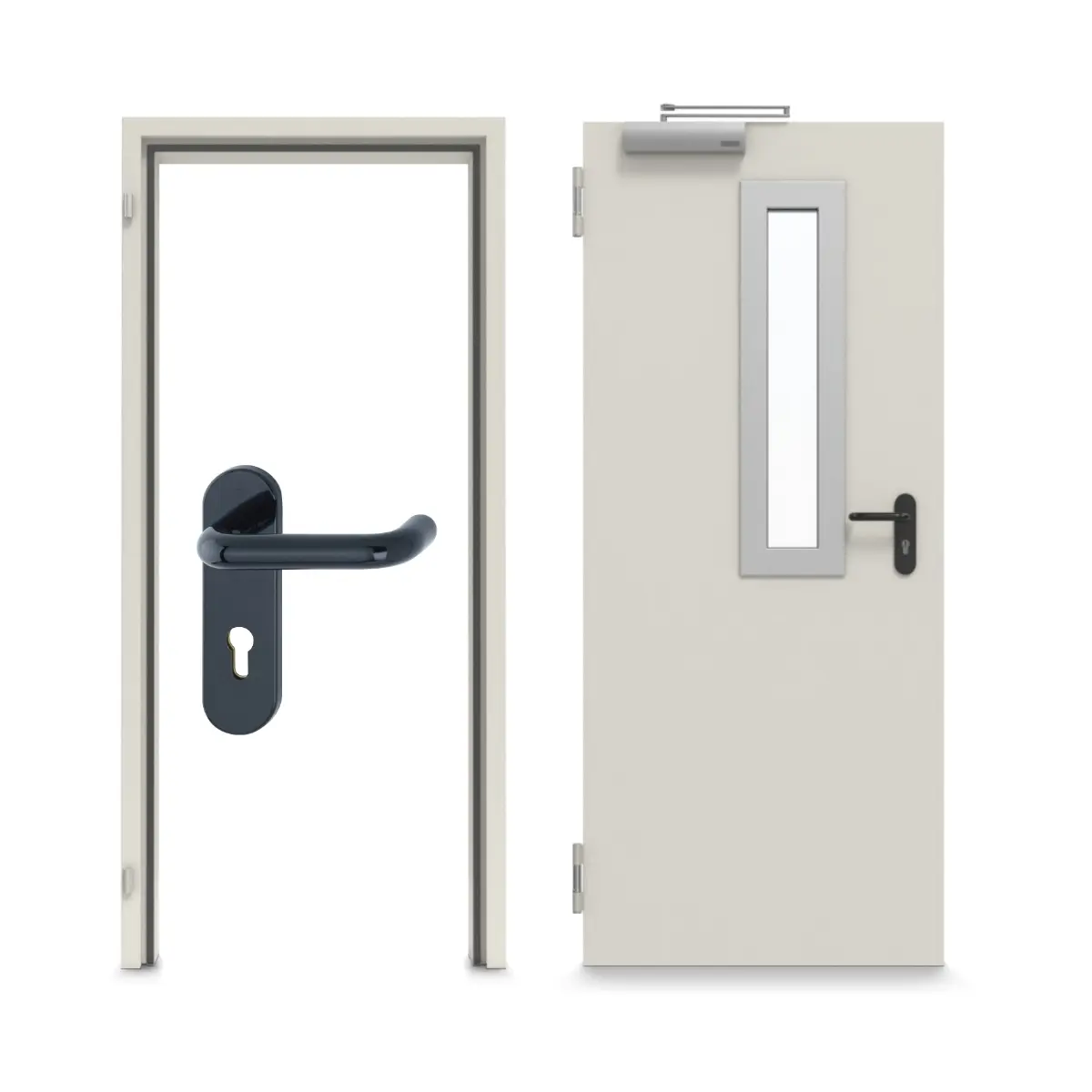 Widok frontowy zestaw drzwi wewnętrzne stal z funkcją ochrona przeciwpożarowa T90-1 FSA-62 z prostokątnym przeszkleniem, wycięcie 1, w tym ościeżnica narożna - Teckentrup.