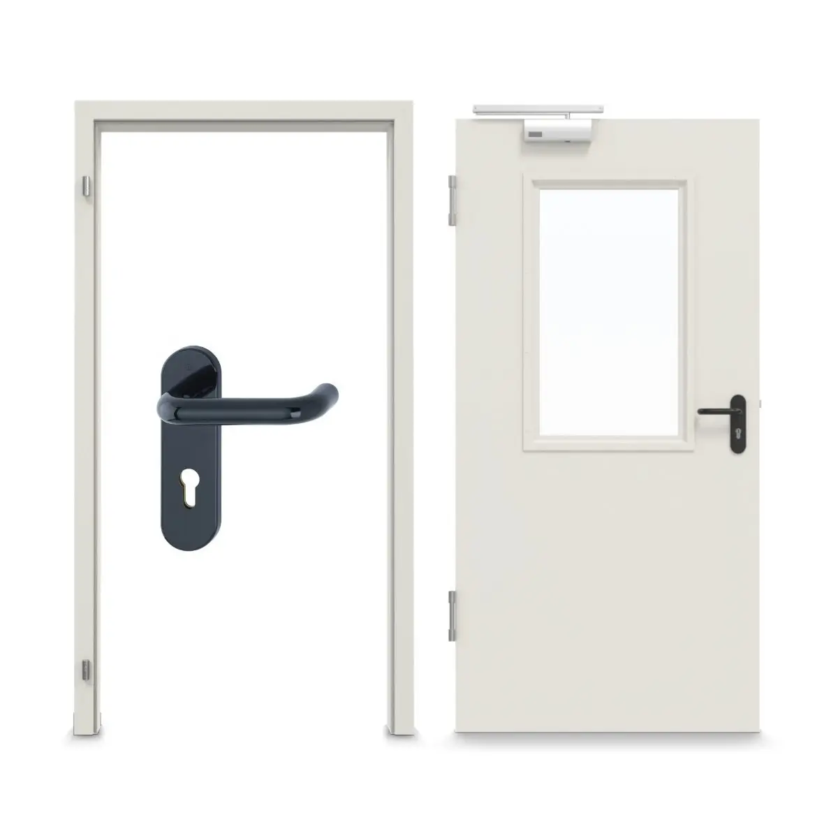 Widok kompletnego zestawu firmy HÖRMANN: zestaw drzwi wewnętrzne stal z funkcją ochrony przeciwpożarowej STU/STS T30-1, z przeszkleniem LA-B2 i ościeżnicą narożną.