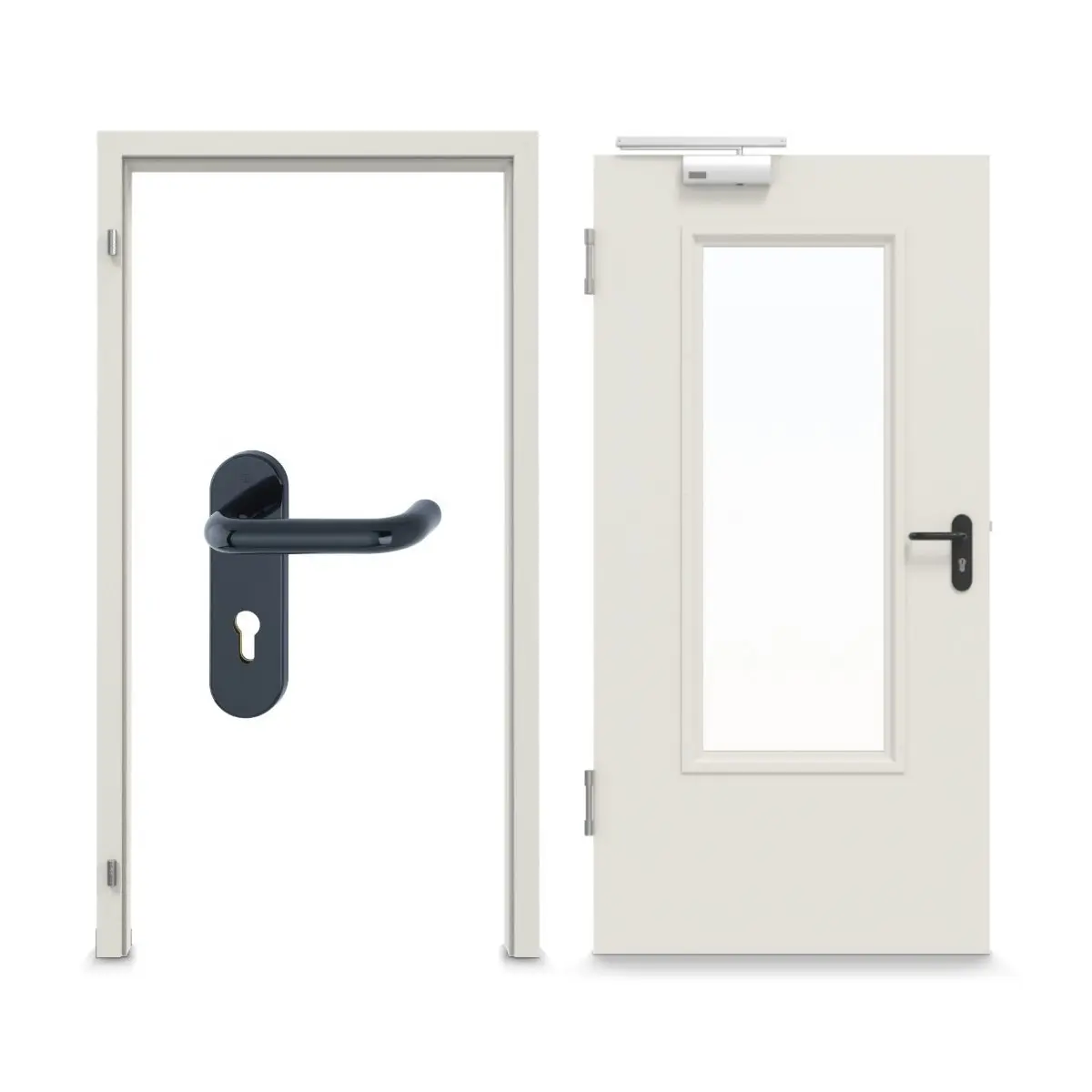 Widok kompletnego zestawu marki HÖRMANN: stalowy zestaw drzwi wewnętrznych z funkcją ochrony przeciwpożarowej STU/STS T30-1 z przeszkleniem LA-B3 wraz z ościeżnicą blokową 62/55.