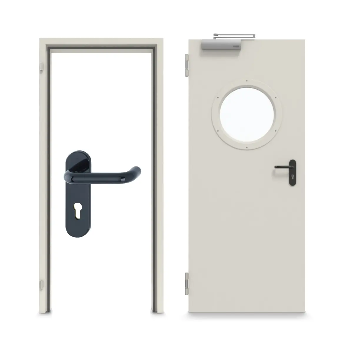 TECKENTRUP zestaw drzwi wewnętrzne stal z funkcją ochrony przeciwpożarowej T90-1 FSA-62 z przeszkleniem okrągłym w tym ościeżnica narożna i uzupełniająca