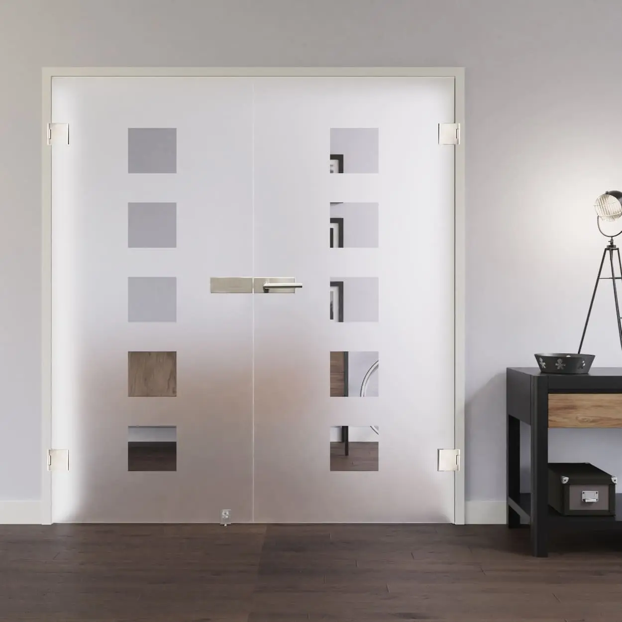 Widok całoszklanych drzwi dwuskrzydłowych LIENBACHER Modell 303 negatyw szkło przezroczyste