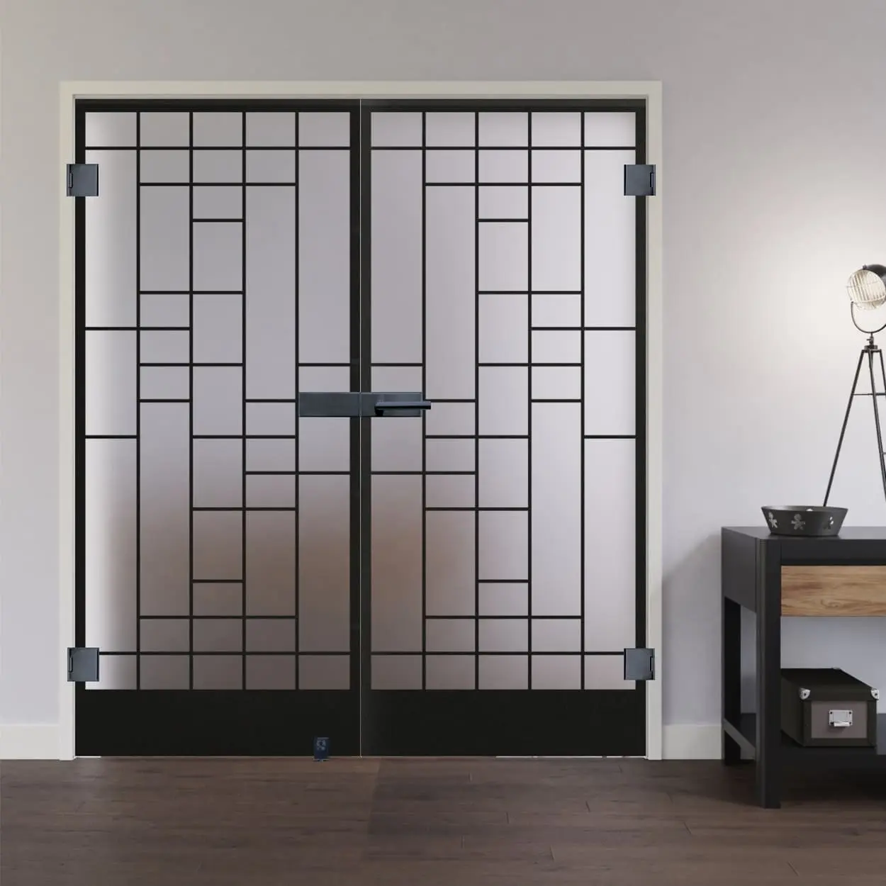 Widok całoszklanych drzwi dwuskrzydłowych LIENBACHER Model 643 Black Signature satynowane