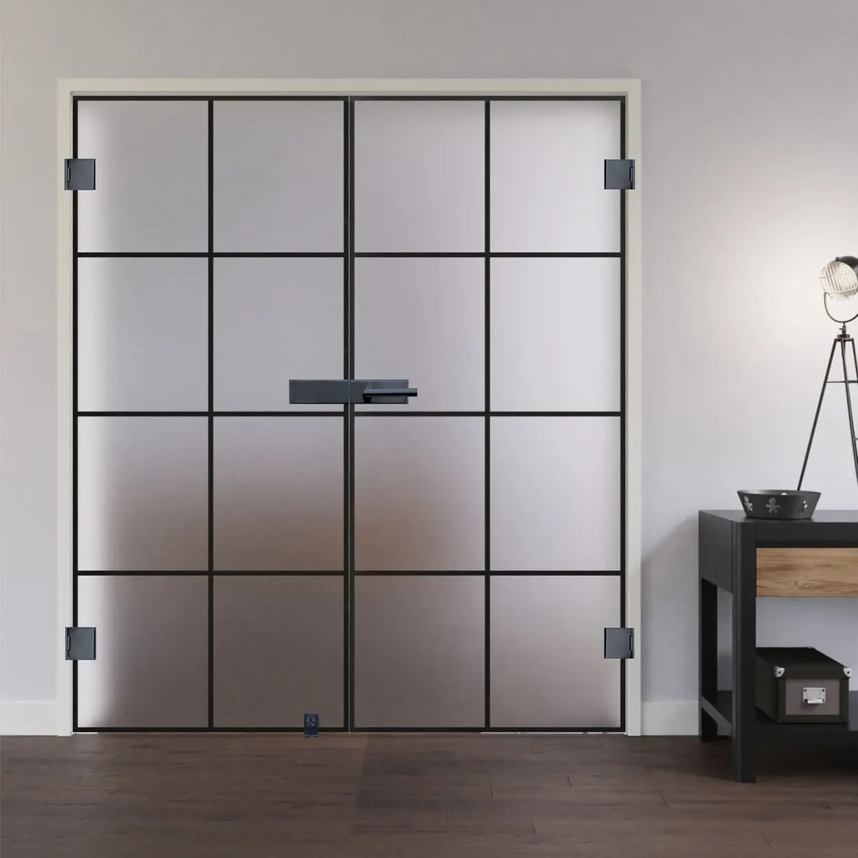 Widok na całoszklane drzwi dwuskrzydłowe LIENBACHER szkło model 644 Black Signature satynowane