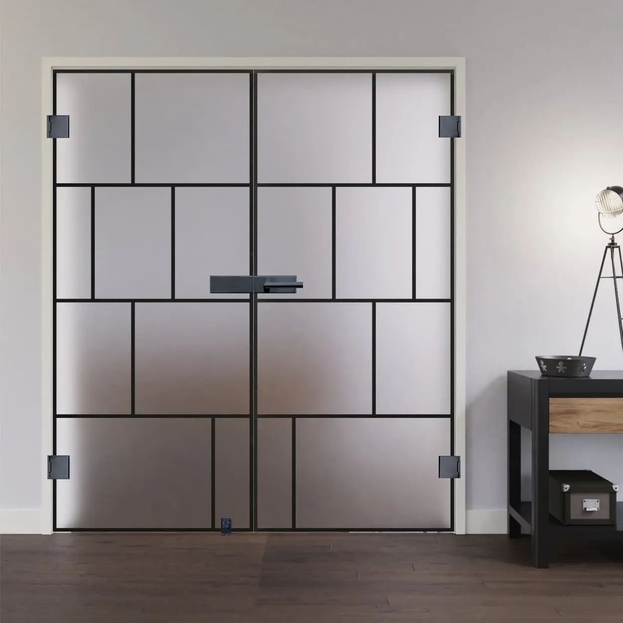 Widok na całoszklane drzwi dwuskrzydłowe LIENBACHER Modell 649 Black Signature satynowane