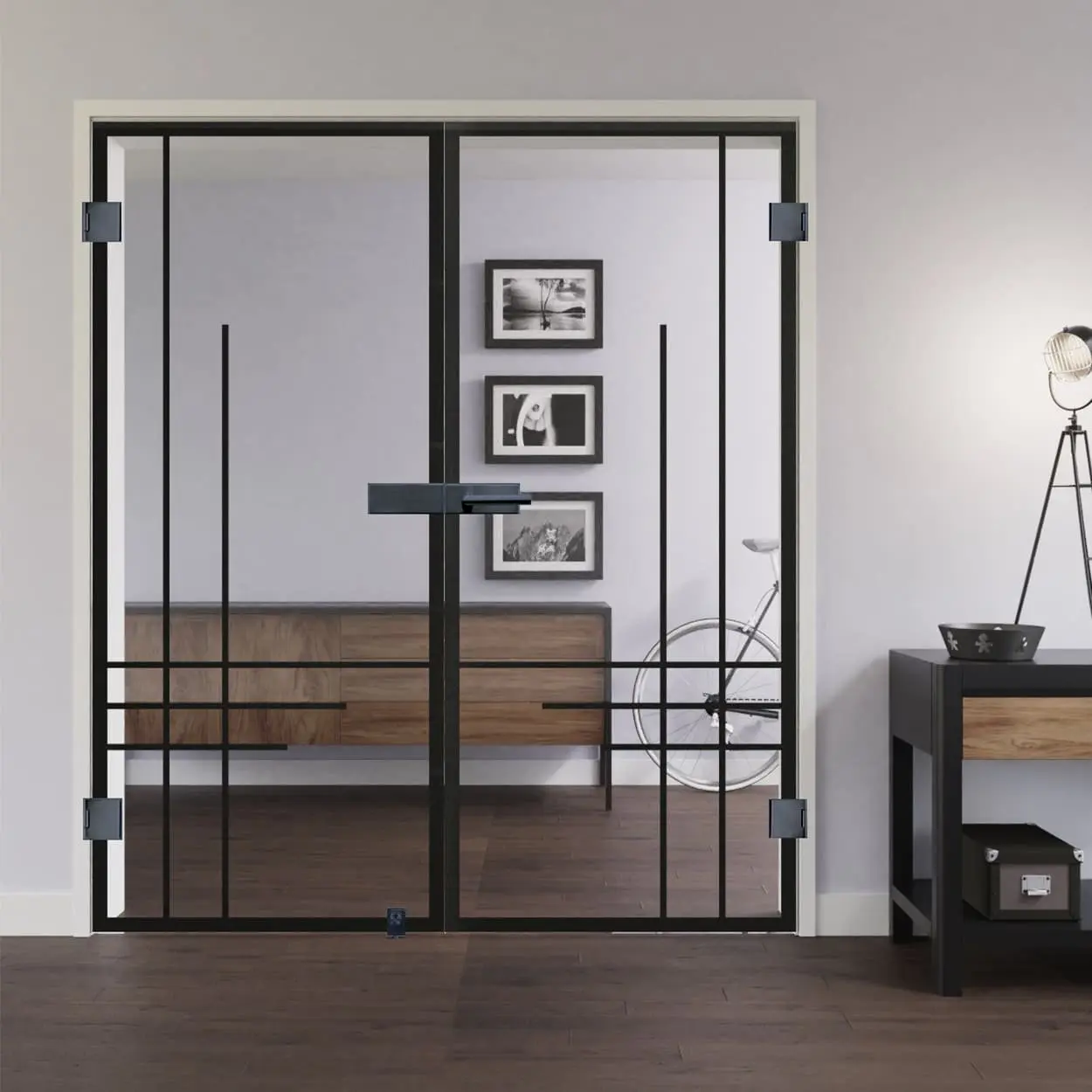 Widok całoszklanych drzwi dwuskrzydłowych LIENBACHER model 657 Black Signature satynowane