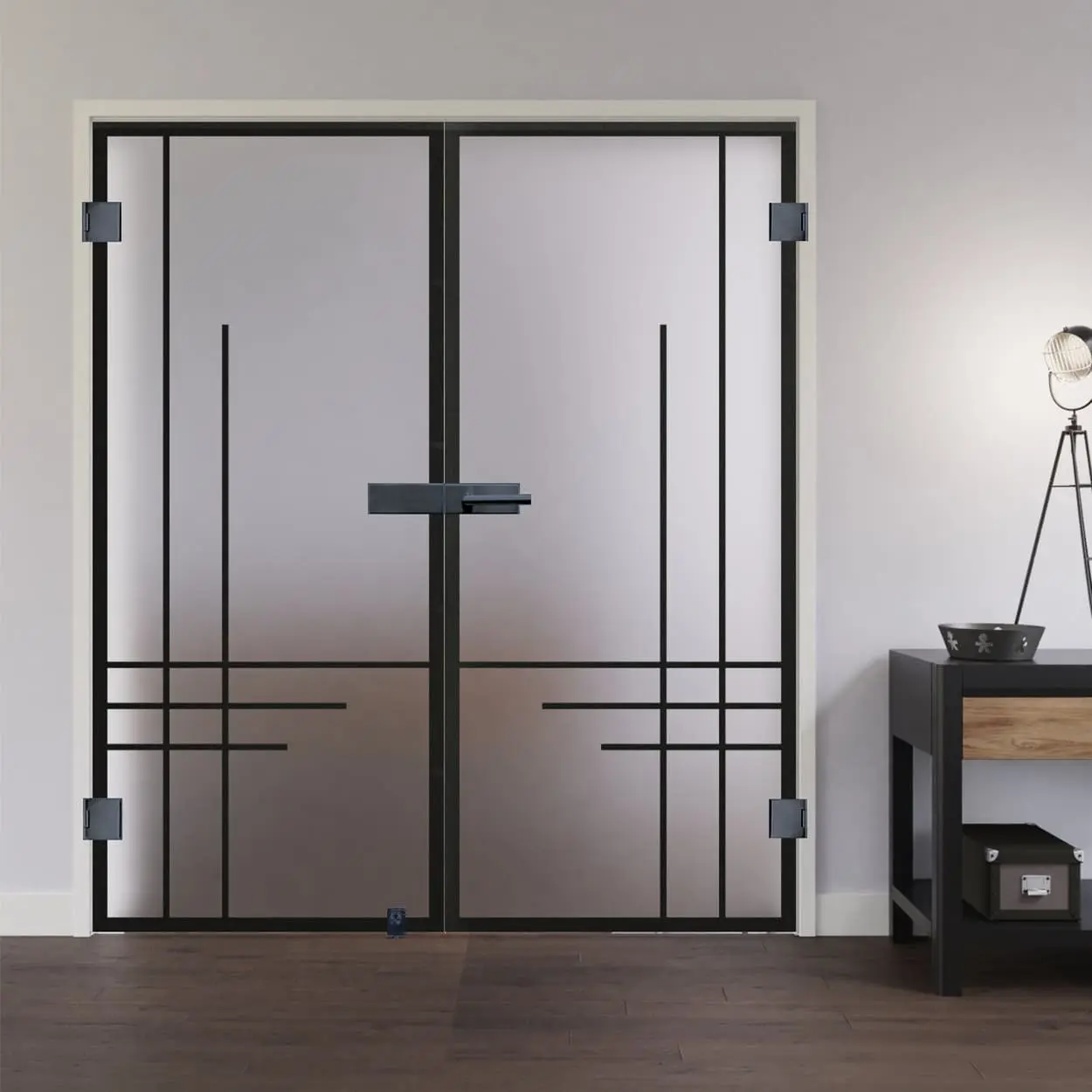 Widok na całoszklane drzwi dwuskrzydłowe LIENBACHER model 657 Black Signature satynowane.