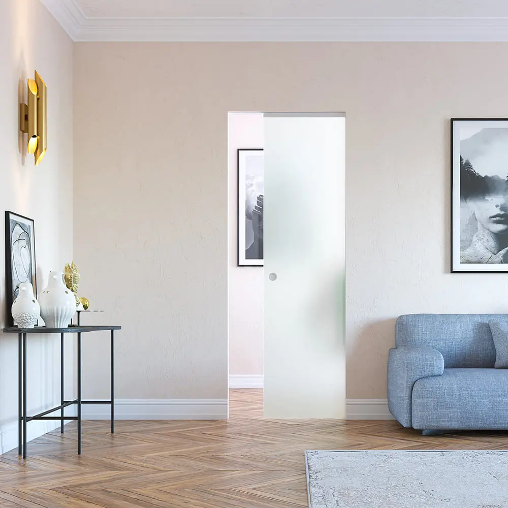 Widok systemu drzwi przesuwnych Syntesis Line EF do 1-skrzydłowych drzwi całoszklanych w suchej zabudowie - Eclisse.