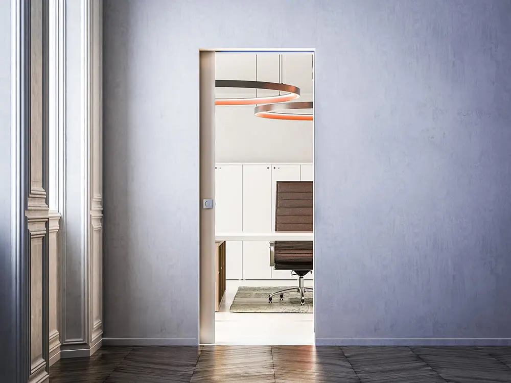 Widok systemu drzwi przesuwnych Syntesis Line EF do 1-skrzydłowych drzwi drewnianych w suchej zabudowie - Eclisse