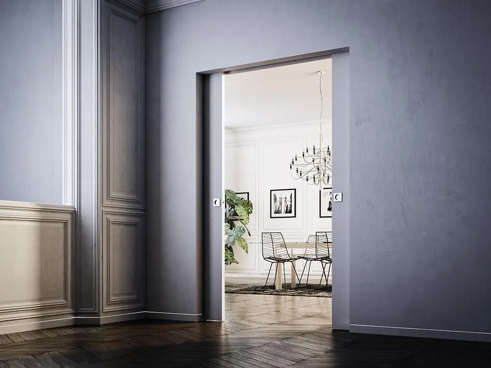 Widok Syntesis Line DF systemu drzwi przesuwnych do 2-skrzydłowych drzwi drewnianych w ścianie masywnej - Eclisse