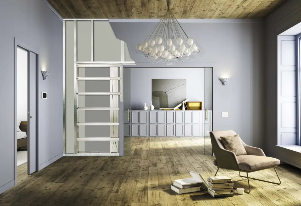 Widok systemu drzwi przesuwnych Unico Luce DF do 2-skrzydłowych drzwi przeszklonych w zabudowie suchej - Eclisse