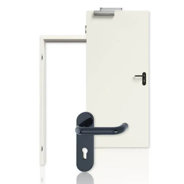 Zdjęcie drzwi przeciwpożarowych T-30 zestaw biały lakier RAL 9010 Premium z ościeżnicą i klamką