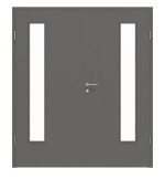 Frontansicht von Huga Doppelflügeltür Hygge grau RAL 7037 Lack Basic mit Lichtausschnitt LA-24 bandseitig mit Zarge