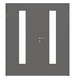 Frontansicht von Huga Doppelflügeltür Hygge grau RAL 7037 Lack Basic mit Lichtausschnitt LA-24 mittig mit Zarge