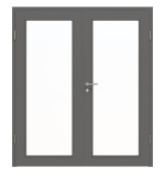 Frontansicht von Huga Doppelflügeltür Hygge grau RAL 7037 Duradecor Basic mit Lichtausschnitt LA 27 mit Zarge