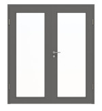Frontansicht von Huga Doppelflügeltür Hygge grau RAL 7037 Lack Basic mit Lichtausschnitt LA-27 mit Zarge