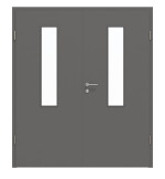 Frontansicht von Huga Doppelflügeltür Hygge grau RAL 7037 Duradecor Basic mit Lichtausschnitt LA 4 mittig mit Zarge