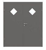 Frontansicht von Huga Doppelflügeltür Hygge grau RAL 7037 Duradecor Basic mit Lichtausschnitt LA 6 Raute mit Zarge