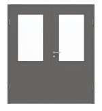 Frontansicht von Huga Doppelflügeltür Hygge grau RAL 7037 Lack Basic mit Lichtausschnitt LA-7 mit Zarge