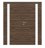 Frontansicht von HÖRMANN Doppelflügeltür Pure 1 Alpineiche quer Duradecor DesignLine mit Lichtausschnitt Bandseite mit Zarge