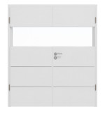 Frontansicht von HÖRMANN Doppelflügeltür Pure 2 Bütte Weiß Duradecor DesignLine mit Lichtausschnitt quer mit Lisene Steel 80 mit Zarge