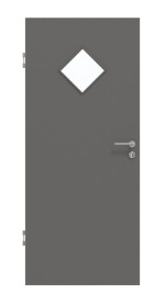 Frontansicht von Huga Innentür Hygge grau RAL 7037 Duradecor Basic mit Lichtausschnitt LA 6 Raute