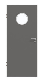 Frontansicht von Huga Innentür Hygge grau RAL 7037 Duradecor Basic mit Lichtausschnitt LA Bullauge