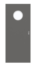 Frontansicht von Huga Schiebetür Hygge grau RAL 7037 Lack Basic mit Lichtausschnitt LA Bullauge