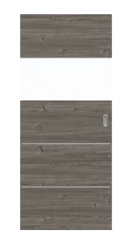 Frontansicht von HÖRMANN Schiebetür Pure 2 Gebürstete Lärche dunkel quer Duradecor DesignLine mit Lichtausschnitt quer mit bündiger Lisene Steel 80-7