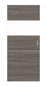 Frontansicht von HÖRMANN Schiebetür Pure 2 Gebürstete Lärche dunkel quer Duradecor DesignLine mit Lichtausschnitt quer mit Lisene Steel 79