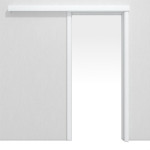 Frontansicht von Schiebetürsystem Weiß Dekorfolie vor der Wand laufend mit Zarge