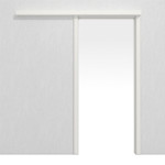 Frontansicht von LEBO Schiebetürsystem vor der Wand laufend Ultramatt Weiß ähnl. RAL 9016 Versio inkl. Zarge