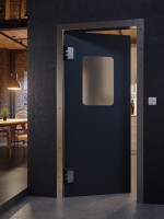 CloseUp-Milieuansicht von HÖRMANN Kunststoff-Pendeltür mit Lichtausschnitt eckig inkl. Umfassungszarge