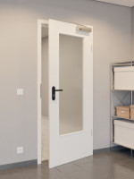 CloseUp-Flur-Milieuansicht von GARANT Rauchschutztür Weißlack 9016 mit Lichtausschnitt LA-DIN