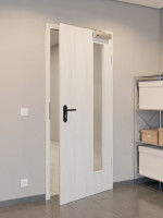 CloseUp-Flur-Milieuansicht von GARANT Rauchschutztür Authentic Grigio GCK08 mit Lichtausschnitt LA-4 bandseitig