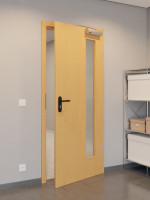 CloseUp-Flur-Milieuansicht von GARANT Rauchschutztür Buche Exklusiv CePaL mit Lichtausschnitt LA-4 bandseitig