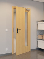 CloseUp-Flur-Milieuansicht von GARANT Rauchschutztür Eiche Premium CePaL mit Lichtausschnitt LA-4 bandseitig