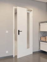 CloseUp-Flur-Milieuansicht von GARANT Rauchschutztür Weißlack 9016 mit Lichtausschnitt LA-4 bandseitig