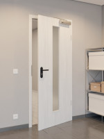 CloseUp-Flur-Milieuansicht von GARANT Rauchschutztür Authentic Grigio CePaL mit Lichtausschnitt LA-4 mittig