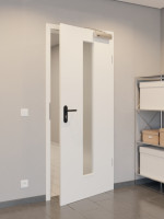 CloseUp-Flur-Milieuansicht von GARANT Rauchschutztür Weißlack 9016 mit Lichtausschnitt LA-4 mittig