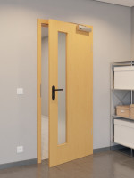 CloseUp-Flur-Milieuansicht von GARANT Rauchschutztür Buche Exklusiv CePaL mit Lichtausschnitt LA-4 schlossseitig